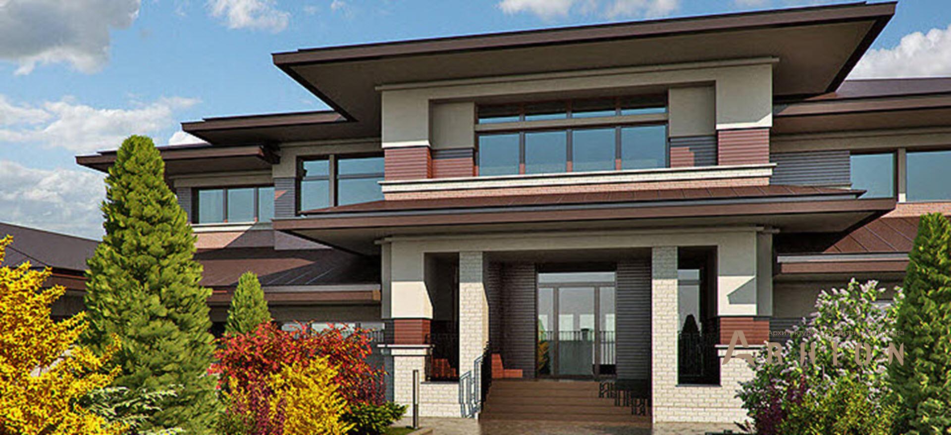 4. Проект двухэтажного дома в стиле Ллойда Райта (прерий) с многоскатной кровлей, SOV-10, площадью - 635 кв c терассой, гаражом, вторым светом